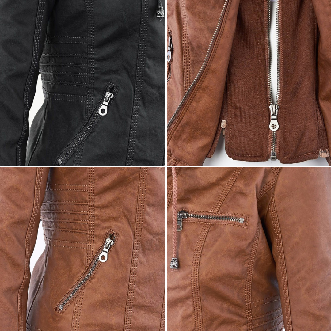 Jeanne™ | Veste en cuir à la mode avec capuche
