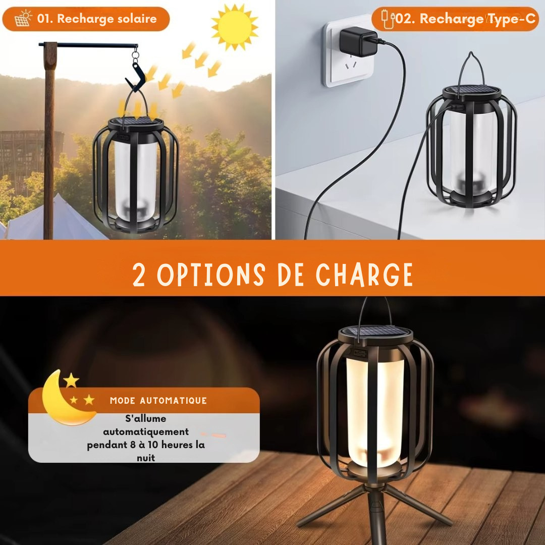 LumiFlamme™ - Lampe avec effet de flamme réaliste – Rechargeable via USB & énergie solaire