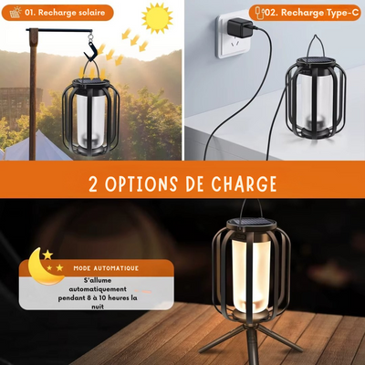 LumiFlamme™ - Lampe avec effet de flamme réaliste – Rechargeable via USB & énergie solaire